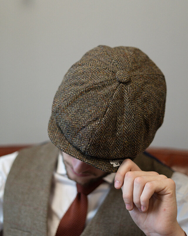 Heather Casquette Newsboy | Harris Tweed | 8 panneaux | Vert/Marron