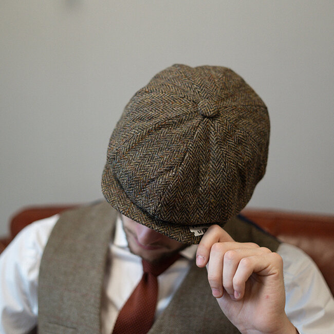 Heather Newsboy-Mütze | Harris Tweed | 8 Panels | Grün/Braun