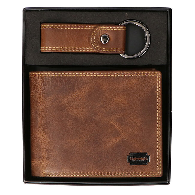 Lederen portemonnee | Inclusief sleutelhanger | Bruin | Billfold | John Shelby