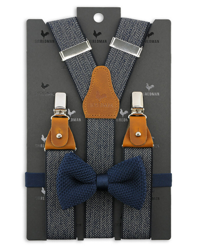 Sir Redman Ensemble de bretelles et nœud papillon | Chevrons bleus | Bretelles traditionnelles pour hommes