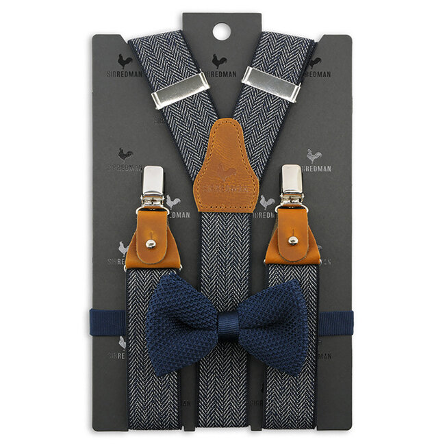Sir Redman Bretels en Vlinderdas combipack | Blauw visgraat | Traditionele bretels voor heren