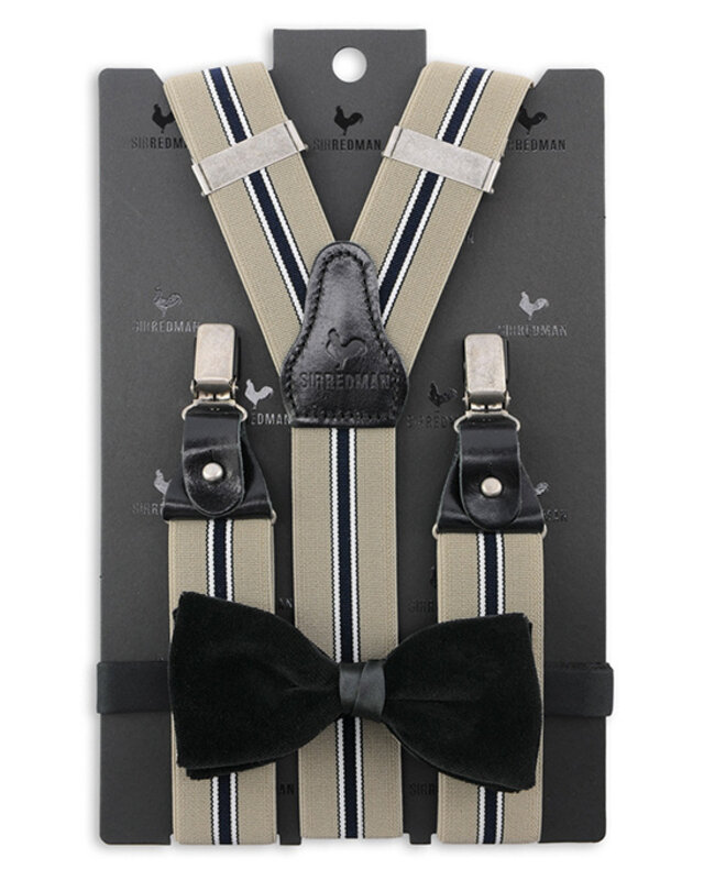 Sir Redman Hosenträger und Fliege Kombi-Paket | Beige/schwarz | Traditionelle Hosenträger für Männer