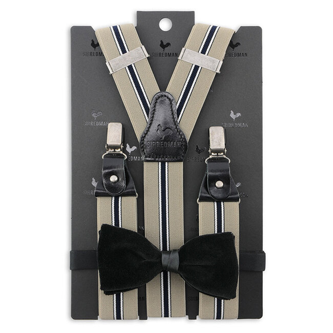 Sir Redman Paquete combinado de tirantes y pajarita | Beige/negro | Tirantes tradicionales para hombre