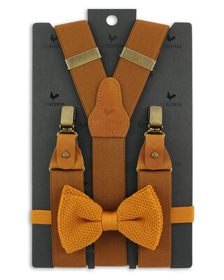 Sir Redman Hosenträger und Fliege Kombi-Paket | Cognac | Traditionelle Hosenträger für Männer