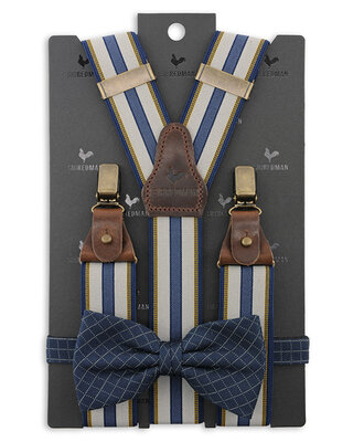 Sir Redman Paquete combinado de tirantes y pajarita | Azul / amarillo / gris claro | Tirantes tradicionales para hombre