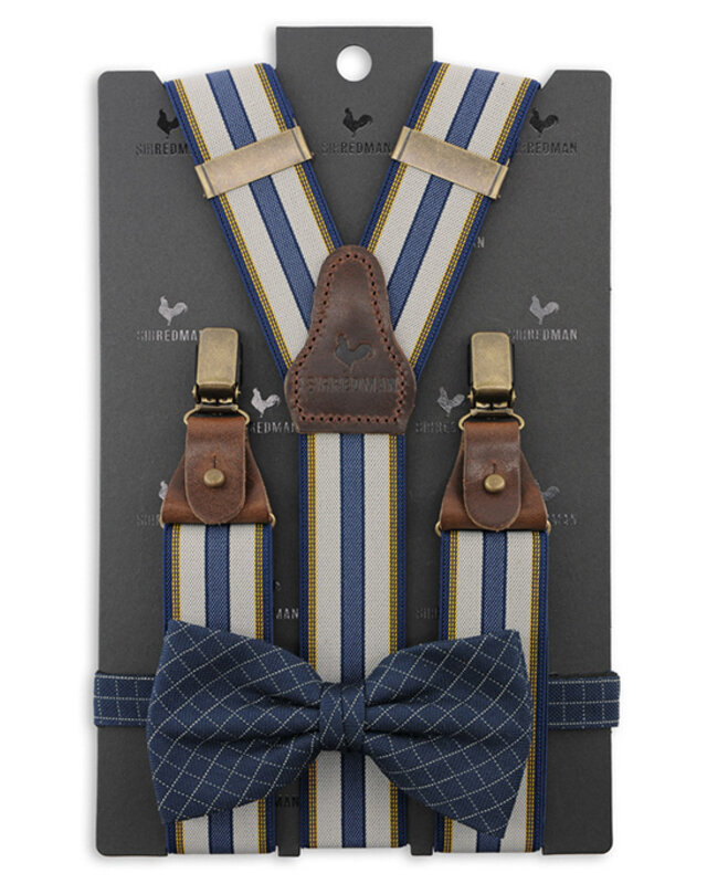 Sir Redman Hosenträger und Fliege Kombi-Paket | Blau / Gelb / Hellgrau | Traditionelle Hosenträger für Männer