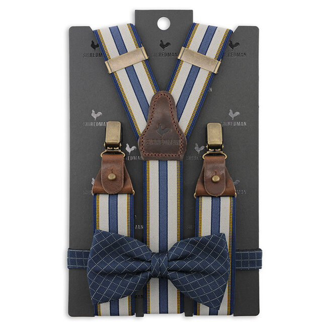 Sir Redman Paquete combinado de tirantes y pajarita | Azul / amarillo / gris claro | Tirantes tradicionales para hombre