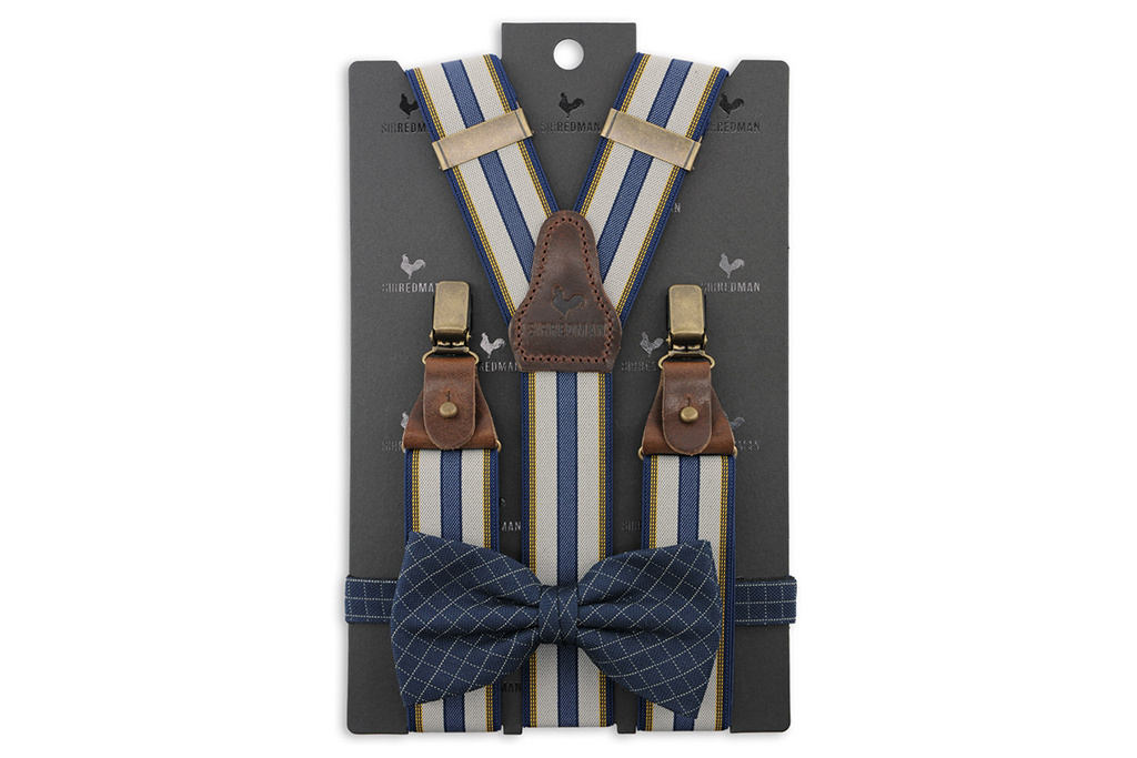 Sir Redman Braces and bow tie combo pack | Blue / yellow / light grey | Traditional braces for men