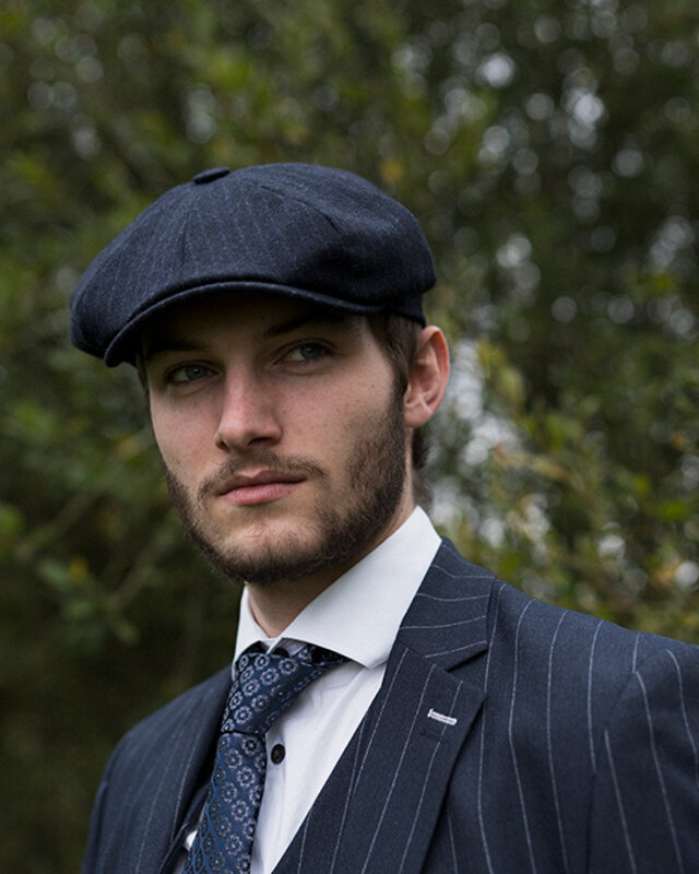 Mayser Casquette Shelby Premium | Bleu | Rayé | Style années 1920 | Peaky Blinders