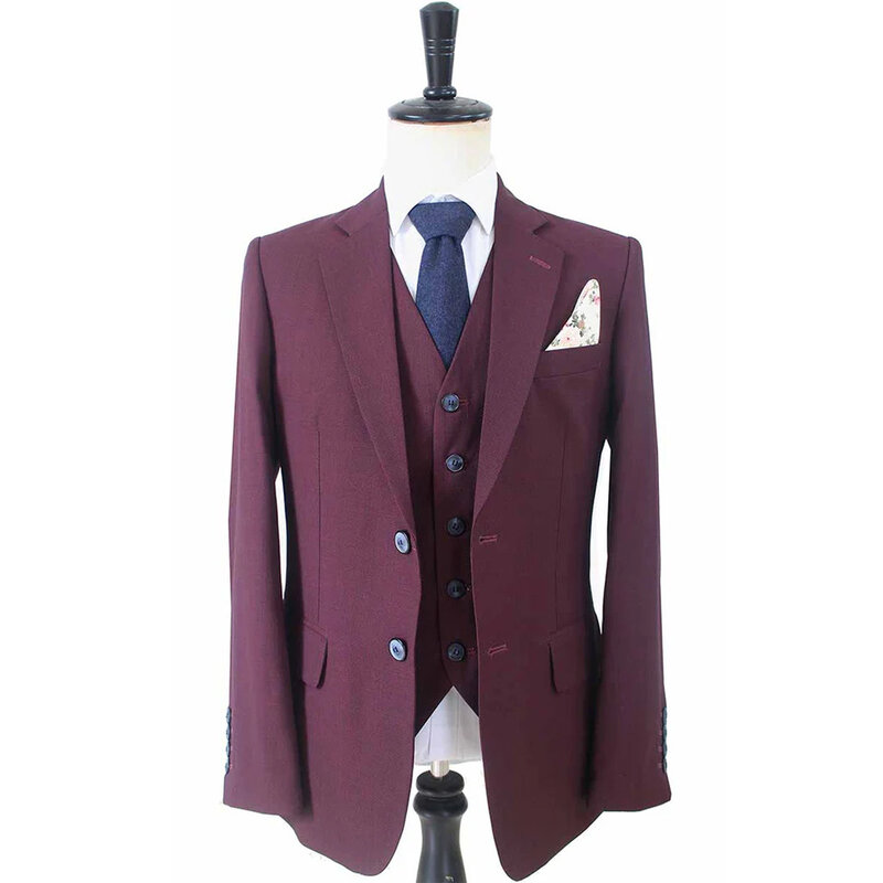 Traje sastre hombre | Traje 3 piezas | Vino tinto | Lana estambre | Ligero y transpirable