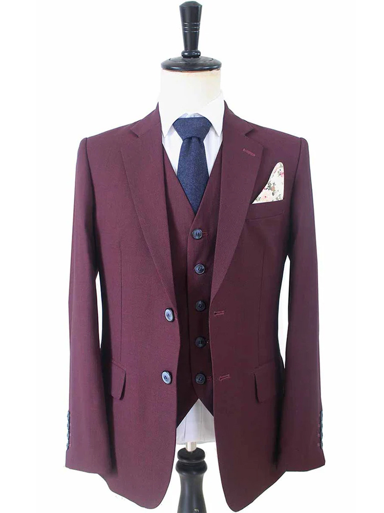 Traje sastre hombre | Traje 3 piezas | Vino tinto | Lana estambre | Ligero y transpirable