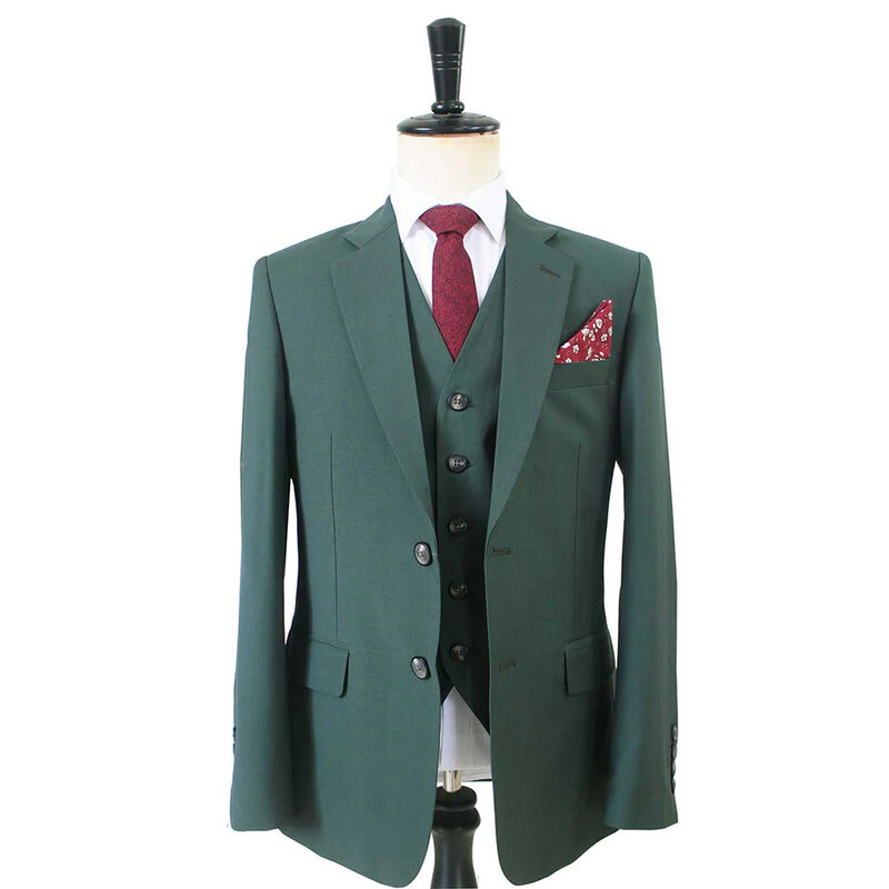 Men's tailored suit | 3-piece suit | Dark green | worsted wool | Lightweight & breathable