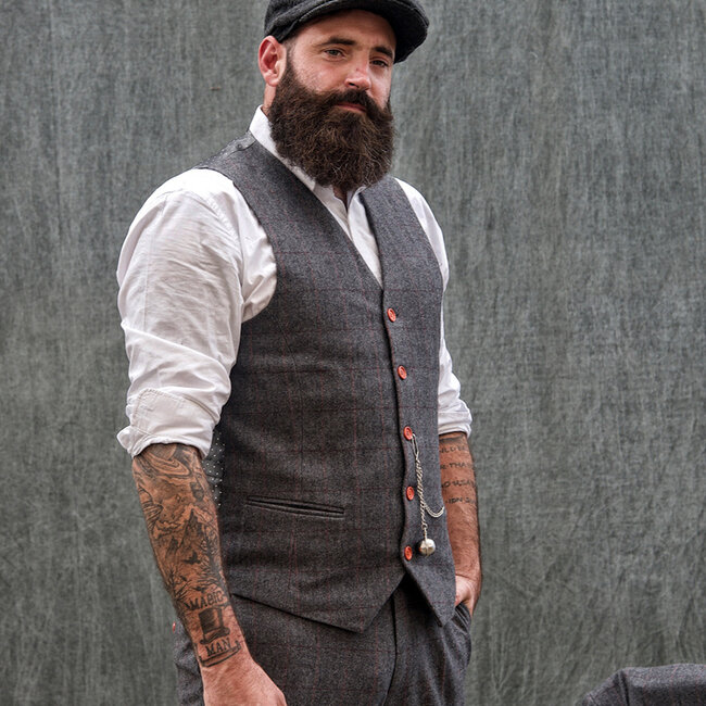 Herren Maßanzug | 3-teiliger Anzug | grau/rot kariert | Aberama Gold | Peaky Blinders