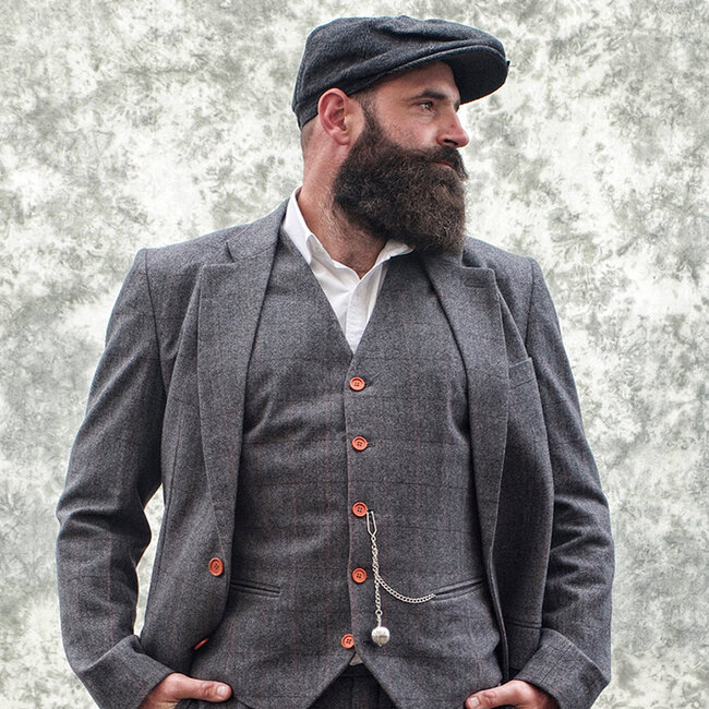 Herren Maßanzug | 3-teiliger Anzug | grau/rot kariert | Aberama Gold | Peaky Blinders