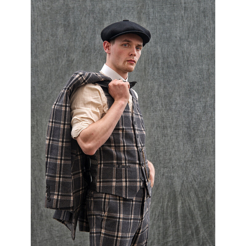 Costume sur mesure pour homme | costume 3 pièces | gris/crème Windowpane | Jeremiah Jesus | Peaky Blinders