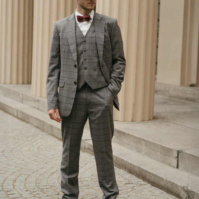 Costume sur mesure pour homme | Costume 3 pièces | Gris-Bleu | Windowpane | Laine peignée | Léger et respirant
