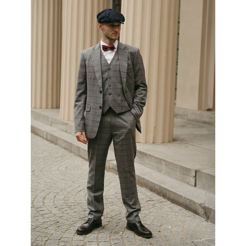 Maatpak voor heren | 3-delig pak | Grijs-Blauw | Windowpane | Kamgaren wol | Lichtgewicht & ademend