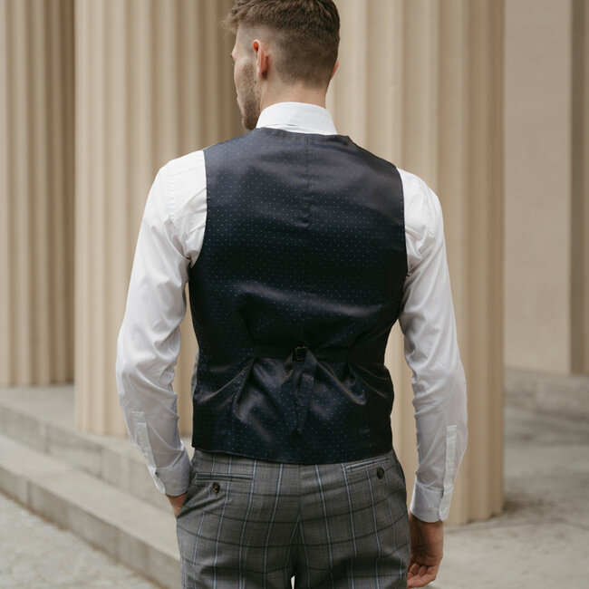 Costume sur mesure pour homme | Costume 3 pièces | Gris-Bleu | Windowpane | Laine peignée | Léger et respirant