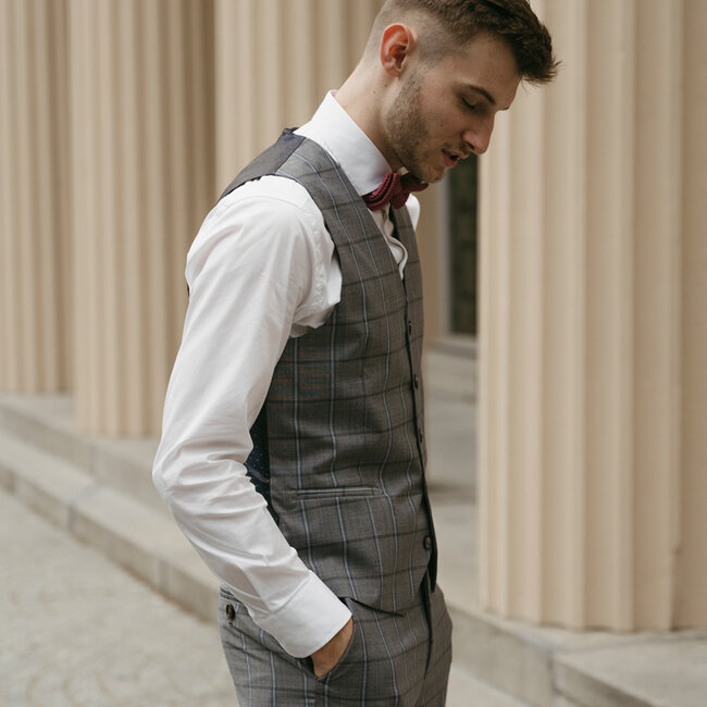 Costume sur mesure pour homme | Costume 3 pièces | Gris-Bleu | Windowpane | Laine peignée | Léger et respirant