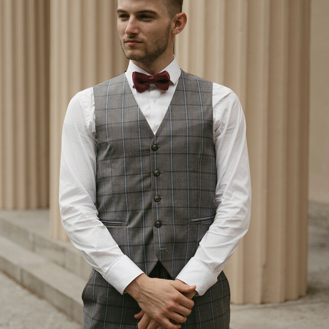 Costume sur mesure pour homme | Costume 3 pièces | Gris-Bleu | Windowpane | Laine peignée | Léger et respirant