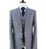 Costume sur mesure pour homme | Costume 3 pièces | Gris-Bleu | Windowpane | Laine peignée | Léger et respirant