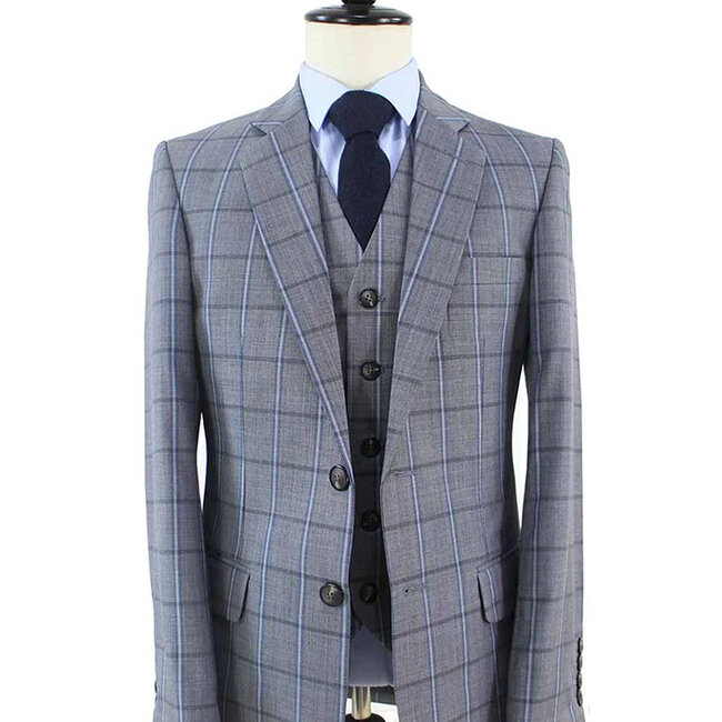 Costume sur mesure pour homme | Costume 3 pièces | Gris-Bleu | Windowpane | Laine peignée | Léger et respirant