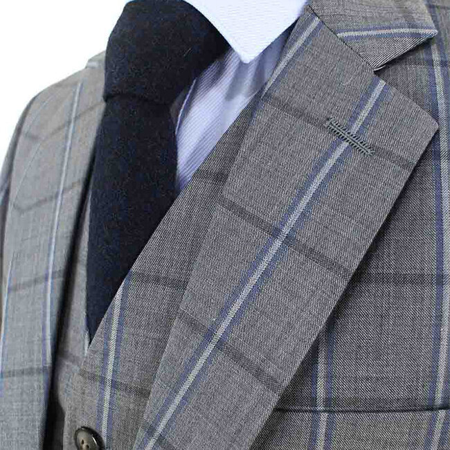 Costume sur mesure pour homme | Costume 3 pièces | Gris-Bleu | Windowpane | Laine peignée | Léger et respirant