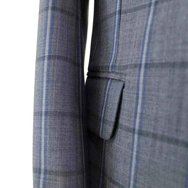 Costume sur mesure pour homme | Costume 3 pièces | Gris-Bleu | Windowpane | Laine peignée | Léger et respirant