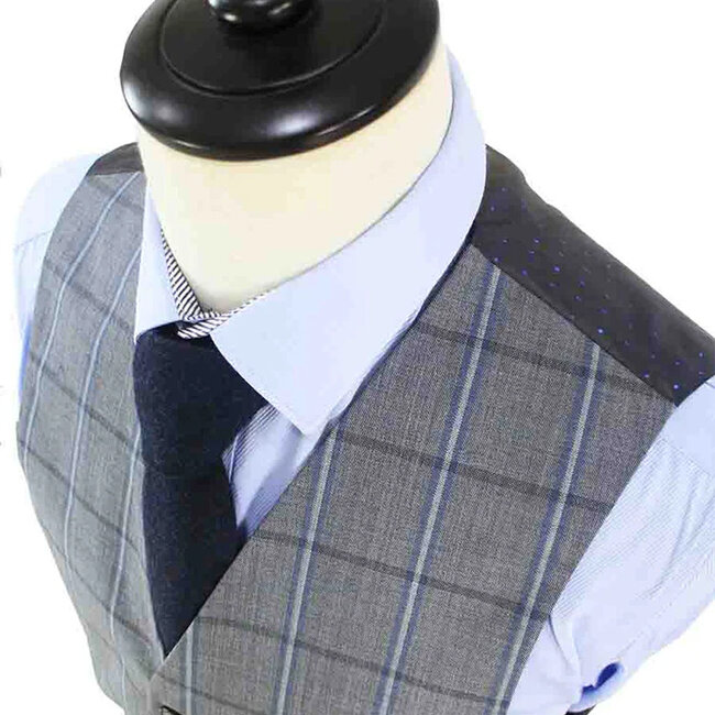 Costume sur mesure pour homme | Costume 3 pièces | Gris-Bleu | Windowpane | Laine peignée | Léger et respirant