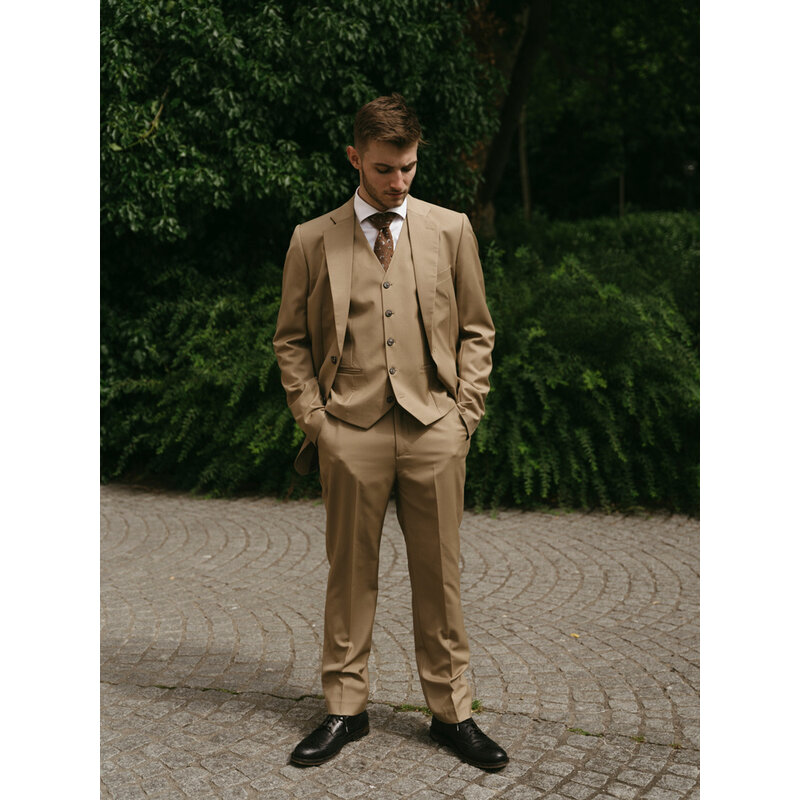 Traje sastre hombre | Traje 3 piezas | Caqui | Lana estambre | Ligero y transpirable