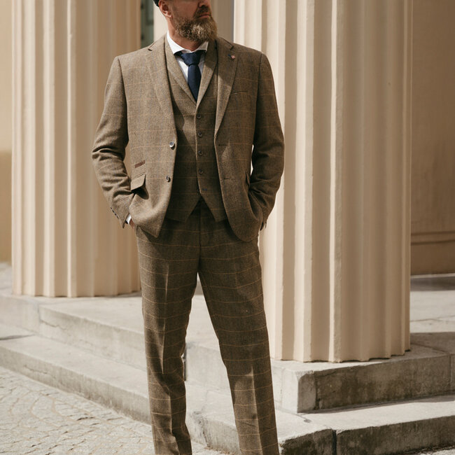 Cavani Herren Anzug | 3-teiliger Anzug | Brauner Overcheck | Arthur Shelby | Peaky Blinders