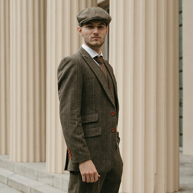 Traje sastre hombre | Traje 3 piezas | Espiga verde | Finn Shelby | Peaky Blinders
