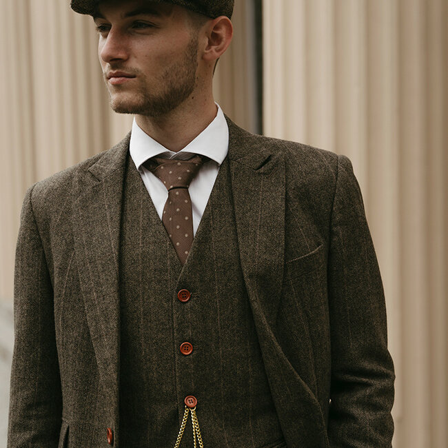 Traje sastre hombre | Traje 3 piezas | Espiga verde | Finn Shelby | Peaky Blinders