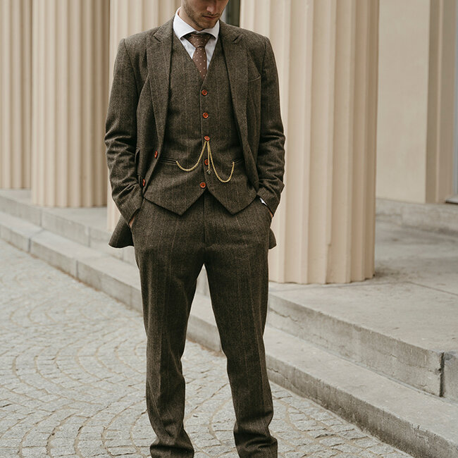 Traje sastre hombre | Traje 3 piezas | Espiga verde | Finn Shelby | Peaky Blinders