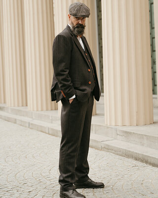 Men's tailored suit | 3-piece suit | black herringbone | Alfie Solomons | Peaky Blinders