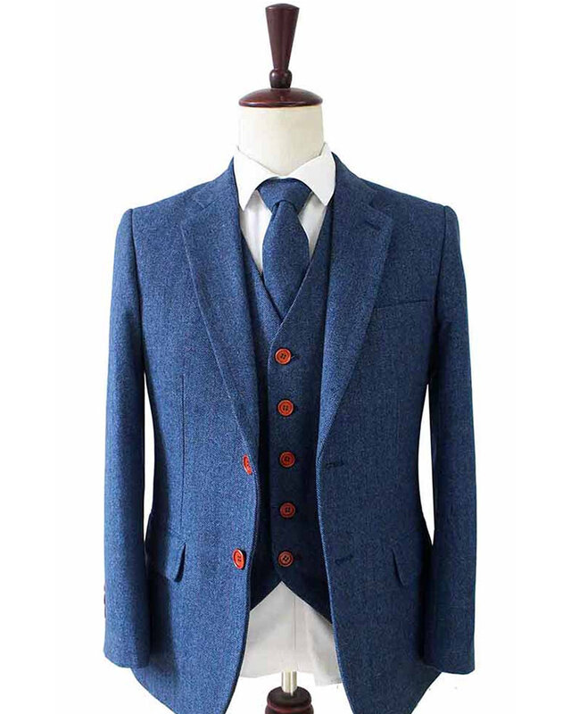 Traje sastre hombre | Traje 3 piezas | Espiga azul | Thomas Shelby | Persianas de pico