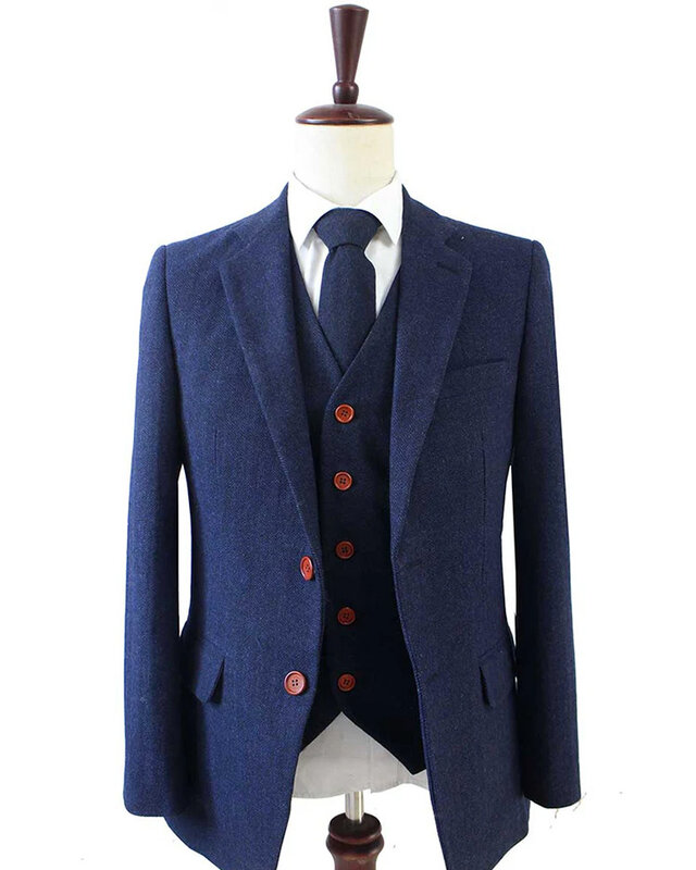 Traje sastre hombre | Traje 3 piezas | Espiga azul marino | Thomas Shelby | Persianas de pico