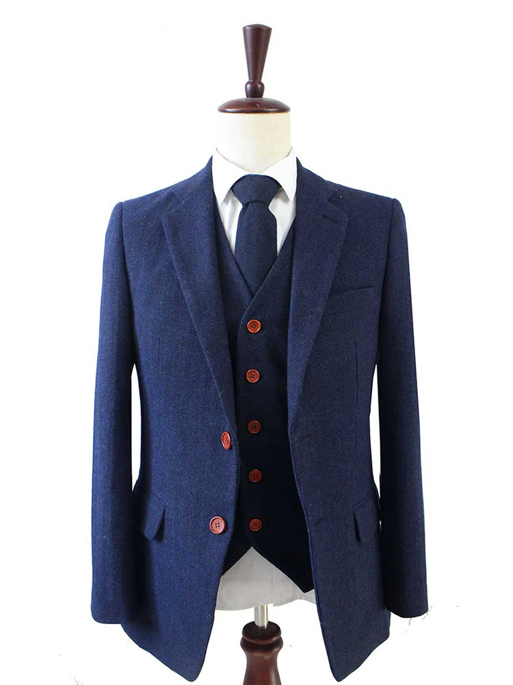 Traje sastre hombre | Traje 3 piezas | Espiga azul marino | Thomas Shelby | Persianas de pico