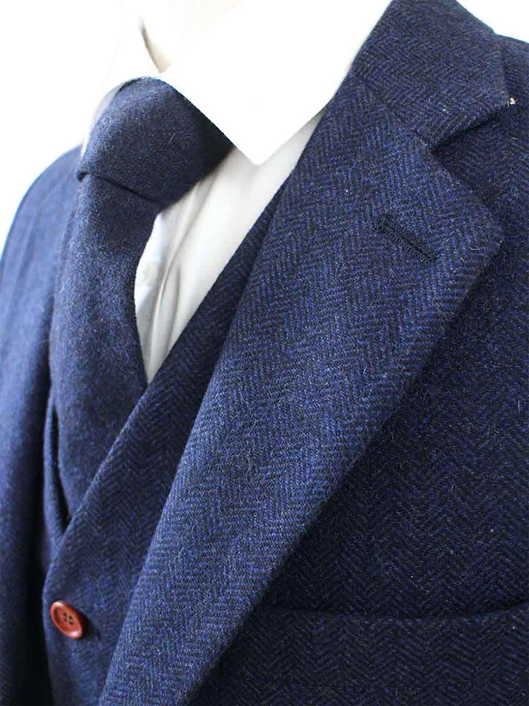 Traje sastre hombre | Traje 3 piezas | Espiga azul marino | Thomas Shelby | Persianas de pico