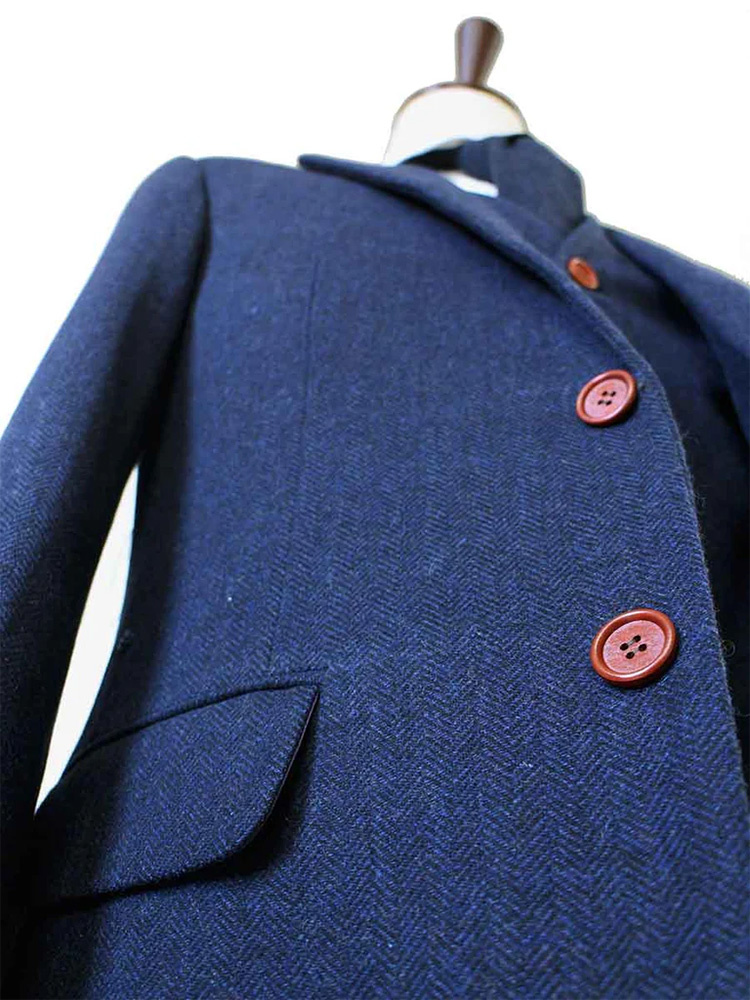 Traje sastre hombre | Traje 3 piezas | Espiga azul marino | Thomas Shelby | Persianas de pico