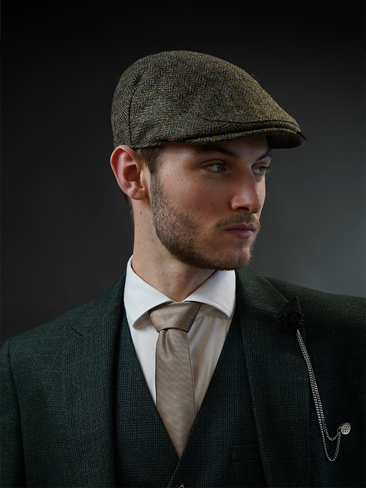 Heather Heather Highland-Mütze | Harris Tweed | Klassische Flat Cap | Grün