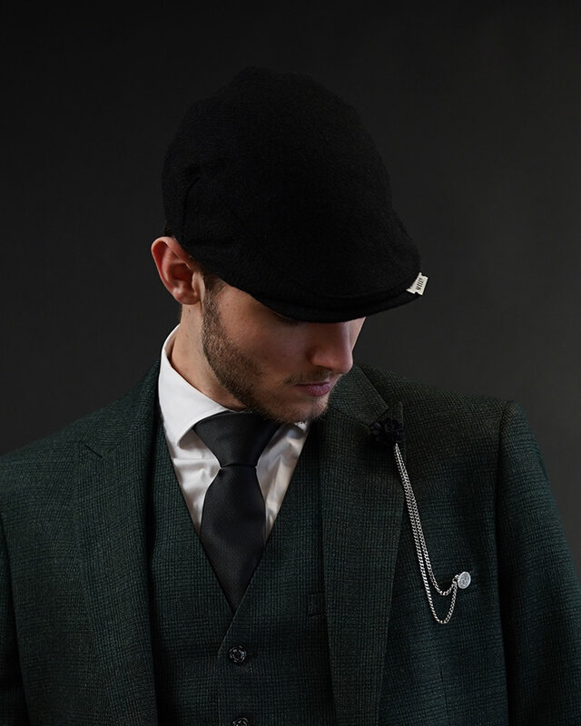 Heather Heather Gorra Highland | Harris Tweed | Gorra plana clásica | Negro