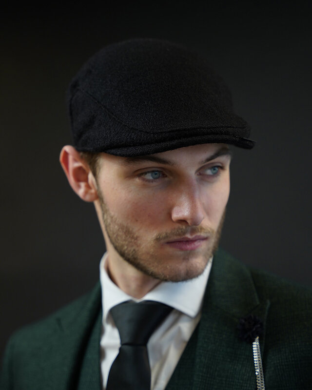 Heather Heather Highland-Mütze | Harris Tweed | Klassische Flat Cap | Schwarz