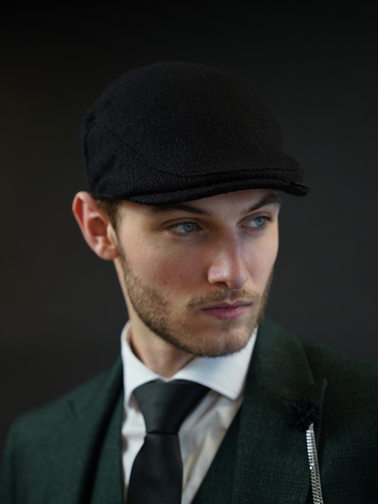 Heather Heather Highland-Mütze | Harris Tweed | Klassische Flat Cap | Schwarz