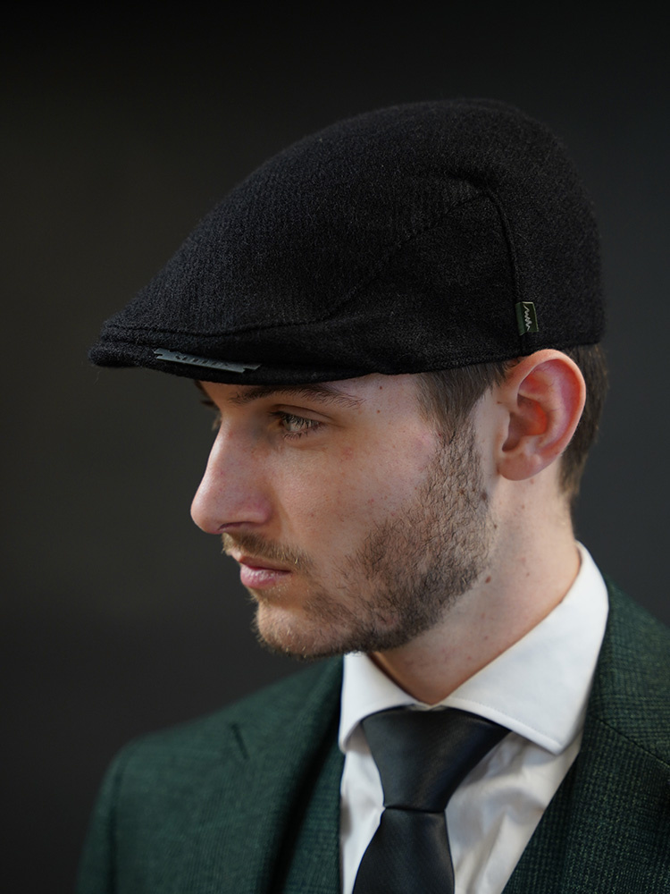 Heather Heather Highland-Mütze | Harris Tweed | Klassische Flat Cap | Schwarz