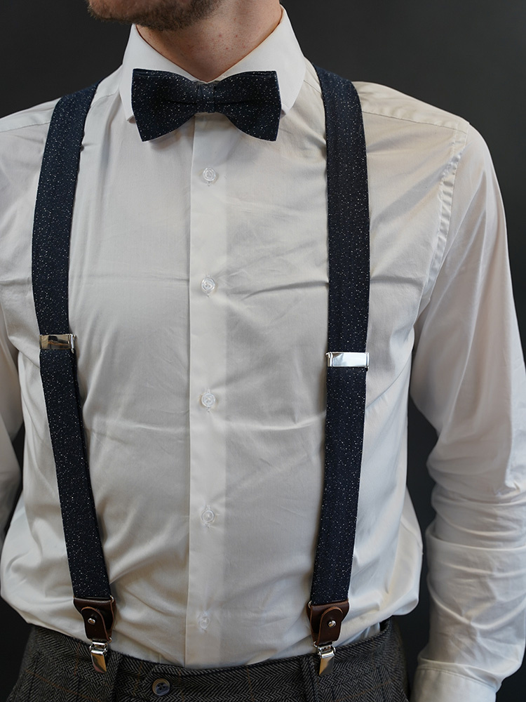 Heren Bretels Vlinderdas Set, 2 WAY TO WEAR 6 Lederen Ogen 3 Clips Y-vorm 3,5 cm Breed Verlengde Bretels voor Hoogt 160-200 cm - Eenkleurig Donkerbruin