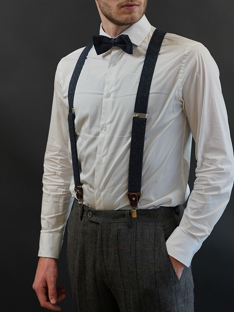 Sir Redman Hosenträger und Fliege Kombi-Paket | Blau/weiß gesprenkelt | Traditionelle Hosenträger für Männer