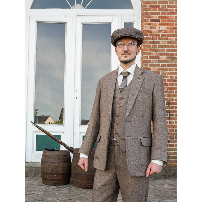 Traje de 3 piezas de tweed clásico marrón claro de tweed Maíz de cebada
