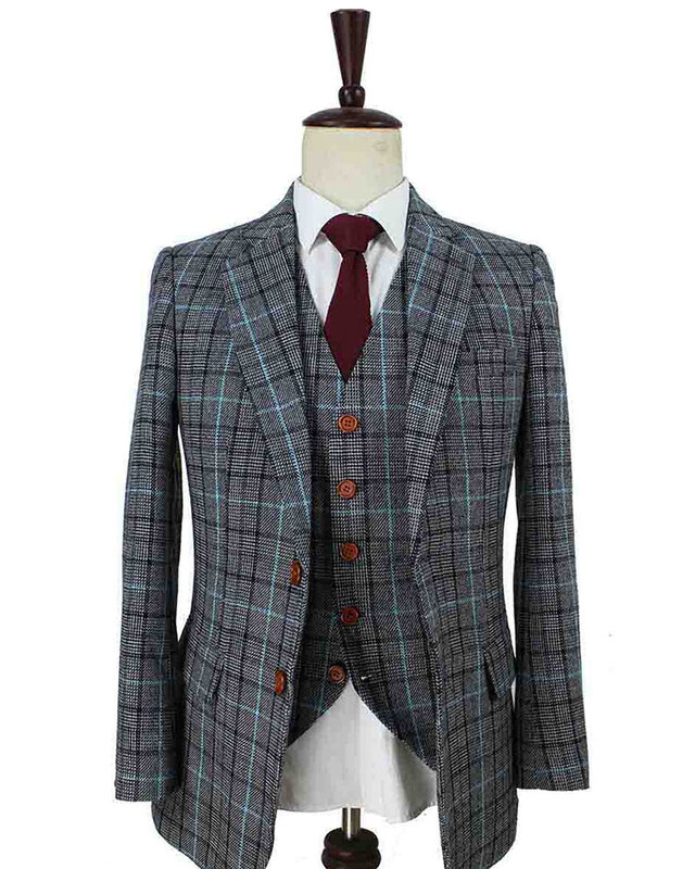 Maatpak voor heren | 3-delig pak | grijs/hemelblauw Pied-de-poule | Danny Whizz-Bang | peaky blinders