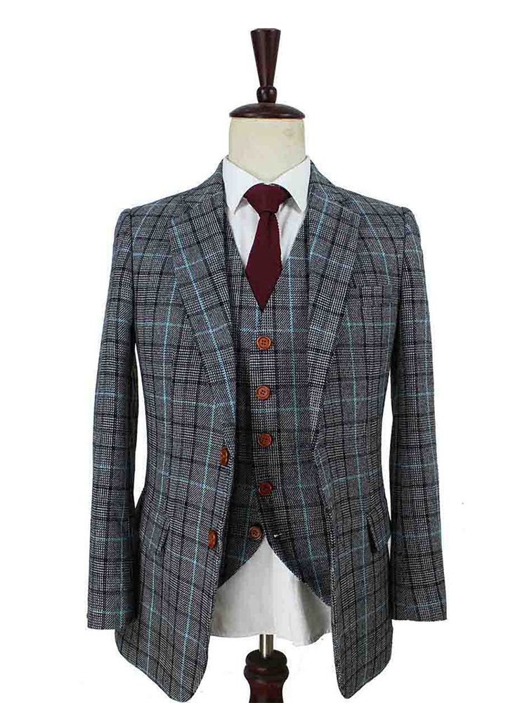 Traje sastre hombre | Traje 3 piezas | gris/ azul cielo Pied-de-poule | Danny Whizz-Bang | peaky blinders